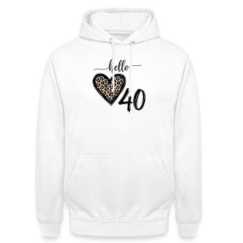 Hello 40 Years Leopard Heart 40th Birthday - Unisex Hoodie - white - Front - AI Model Male 185 dark (185cm) & AI Model Female 172 dark (172cm)