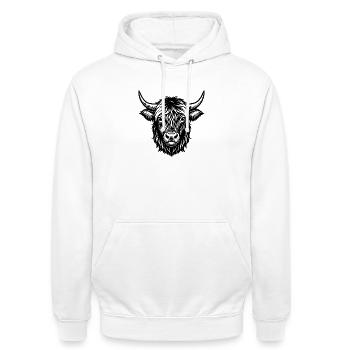 Highland Cow - Unisex Hoodie - Weiß - Vorne - AI Model Male 185 dark (185cm) & AI Model Female 172 dark (172cm)