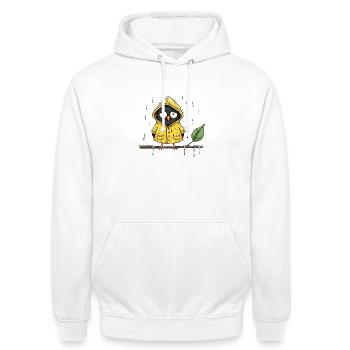 Chouette pluvieuse en imperméable jaune - Sweat-shirt à capuche unisexe - blanc - Devant - AI Model Male 185 dark (185cm) & AI Model Female 172 dark (172cm)