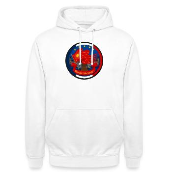 Emblème Oriflamme Montjoie Saint-Denis - Sweat-shirt à capuche unisexe - blanc - Devant - AI Model Male 185 dark (185cm) & AI Model Female 172 dark (172cm)