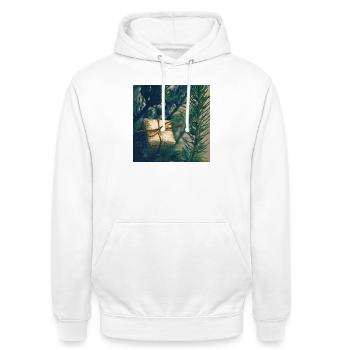 Golden present on pine branches - Unisex Hoodie - white - Front - AI Model Male 185 dark (185cm) & AI Model Female 172 dark (172cm)
