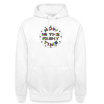 Jetzt & Zeit - Unisex Hoodie - Weiß - Vorne - AI Model Male 185 dark (185cm) & AI Model Female 172 dark (172cm)