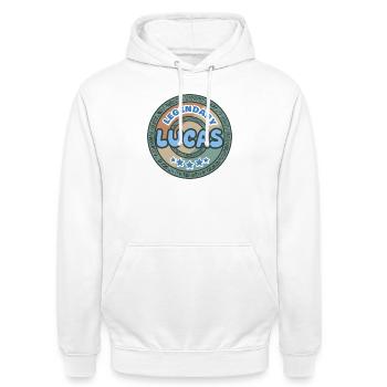 Spruch Lucas - Unisex Hoodie - Weiß - Vorne - AI Model Male 185 dark (185cm) & AI Model Female 172 dark (172cm)