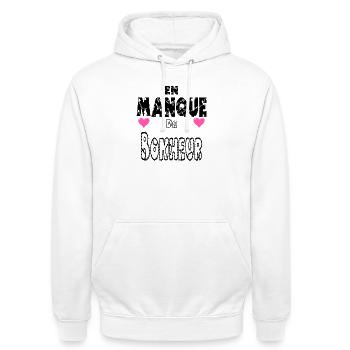 In Need of Happiness - Unisex Hoodie - white - Front - AI Model Male 185 dark (185cm) & AI Model Female 172 dark (172cm)