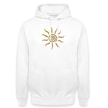 Goldener Spiral-Sonnenstrahl - Unisex Hoodie - Weiß - Vorne - AI Model Male 185 dark (185cm) & AI Model Female 172 dark (172cm)