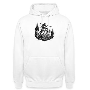 VTT, descente, sentier alpin, Alpes, sports de montagne - Sweat-shirt à capuche unisexe - blanc - Devant - AI Model Male 185 dark (185cm) & AI Model Female 172 dark (172cm)