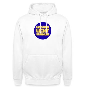 Lass Dein Licht Strahlen Neon - Unisex Hoodie - Weiß - Vorne - AI Model Male 185 dark (185cm) & AI Model Female 172 dark (172cm)
