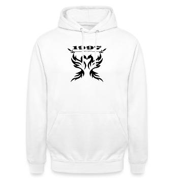 1997 Jahrmark-Blüte - Unisex Hoodie - Weiß - Vorne - AI Model Male 185 dark (185cm) & AI Model Female 172 dark (172cm)