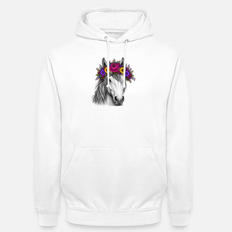 Cheval avec une couronne de fleurs - Sweat-shirt à capuche unisexe - blanc