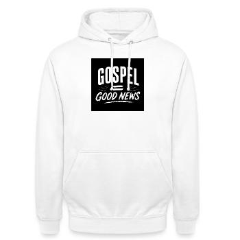 Evangelium = Gute Nachrichten - Unisex Hoodie - Weiß - Vorne - AI Model Male 185 dark (185cm) & AI Model Female 172 dark (172cm)