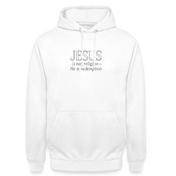 Jesus ist Erlösung, keine Religion - Unisex Hoodie - Weiß - Vorne - AI Model Male 185 dark (185cm) & AI Model Female 172 dark (172cm)