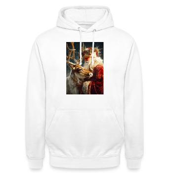 Winterliche Umarmung des Weihnachtsmanns und der Rentiere - Unisex Hoodie - Weiß - Vorne - AI Model Male 185 dark (185cm) & AI Model Female 172 dark (172cm)
