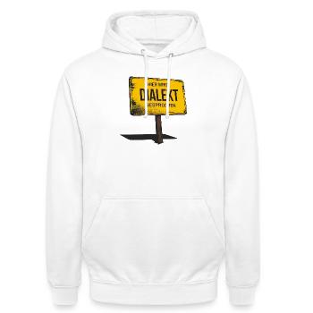 Hier wird Dialekt gesprochen – Lustiger Spruch - Unisex Hoodie - Weiß - Vorne - AI Model Male 185 dark (185cm) & AI Model Female 172 dark (172cm)