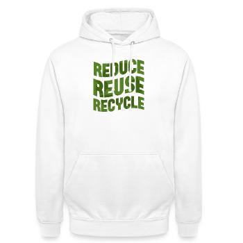 Reduzieren, Wiederverwenden, Recyceln - Unisex Hoodie - Weiß - Vorne - AI Model Male 185 dark (185cm) & AI Model Female 172 dark (172cm)