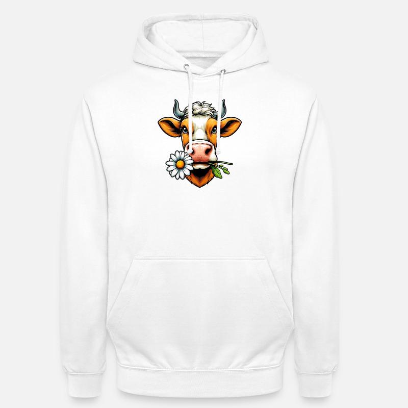 Vache avec une fleur de marguerite dans sa bouche fleurs - Sweat-shirt à capuche unisexe - blanc