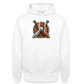 Bouclier et Épées Viking - Sweat-shirt à capuche unisexe - blanc - Devant - AI Model Male 185 dark (185cm) & AI Model Female 172 dark (172cm)