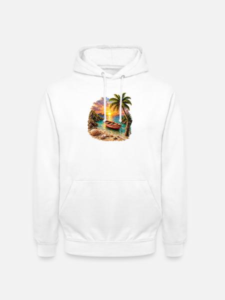 Tropisches Sonnenuntergangsboot bei Palm Beach - Unisex Hoodie - Weiß