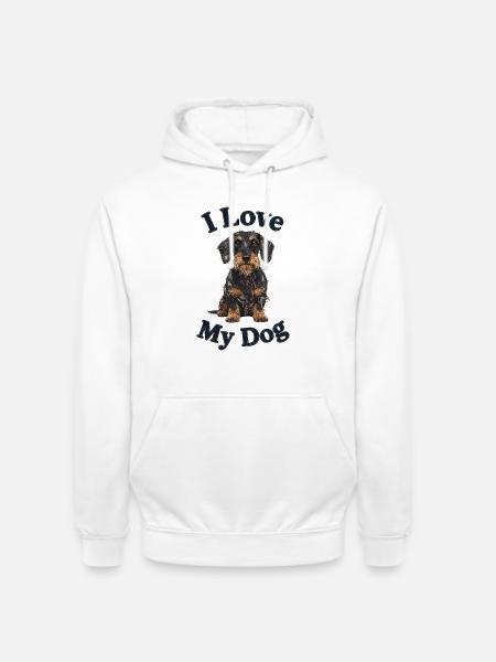 Schwarz-Roter Rauhaar-Dackel im Jeansflicken-Stil - Unisex Hoodie - Weiß