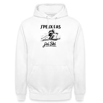 Je peux pas j’ai ski – Humour sport d’hiver  - Sweat-shirt à capuche unisexe - blanc - Devant - AI Model Male 185 dark (185cm) & AI Model Female 172 dark (172cm)