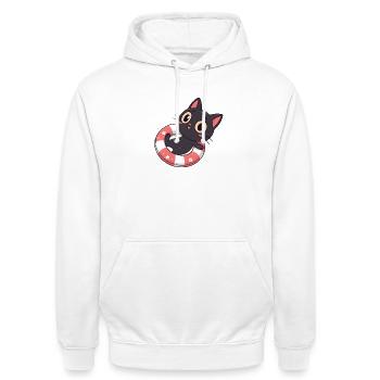 Chat noir sur bouée fleurs - Sweat-shirt à capuche unisexe - blanc - Devant - AI Model Male 185 dark (185cm) & AI Model Female 172 dark (172cm)