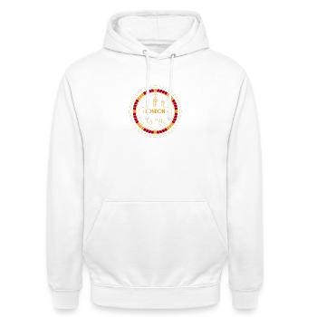 Gold London und Bus-Patch - Unisex Hoodie - Weiß - Vorne - AI Model Male 185 dark (185cm) & AI Model Female 172 dark (172cm)