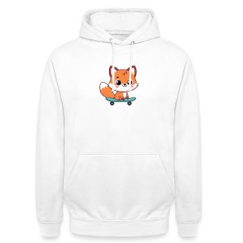 Renard kawaii sur skateboard - Sweat-shirt à capuche unisexe - blanc - Devant - AI Model Male 185 dark (185cm) & AI Model Female 172 dark (172cm)