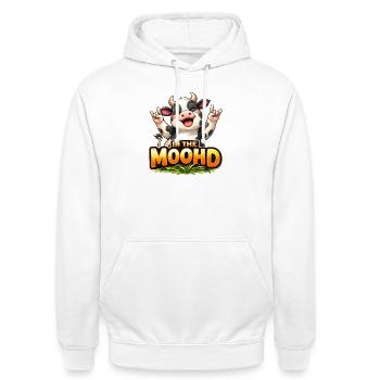 Dans le Moohd – Dessin animé de la Vache Drôle - Sweat-shirt à capuche unisexe - blanc - Devant - AI Model Male 185 dark (185cm) & AI Model Female 172 dark (172cm)