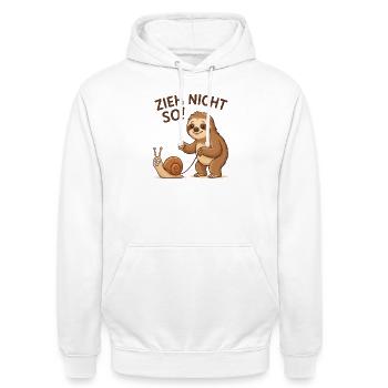 Zieh Nicht So! Faultier Schnecke - Unisex Hoodie - Weiß - Vorne - AI Model Male 185 dark (185cm) & AI Model Female 172 dark (172cm)