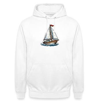Segelboot auf wilden Wellen - Unisex Hoodie - Weiß - Vorne - AI Model Male 185 dark (185cm) & AI Model Female 172 dark (172cm)