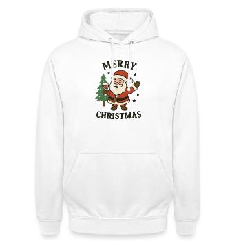 Fröhlicher Santa mit Baum und Glitzer - Unisex Hoodie - Weiß - Vorne - AI Model Male 185 dark (185cm) & AI Model Female 172 dark (172cm)