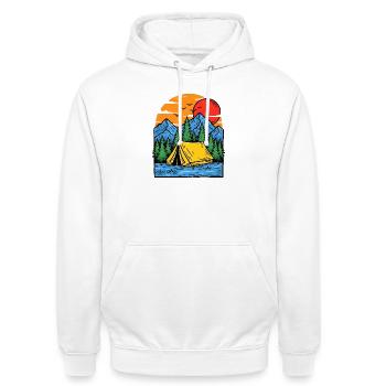 Camping am Bergsee Abendrot - Unisex Hoodie - Weiß - Vorne - AI Model Male 185 dark (185cm) & AI Model Female 172 dark (172cm)