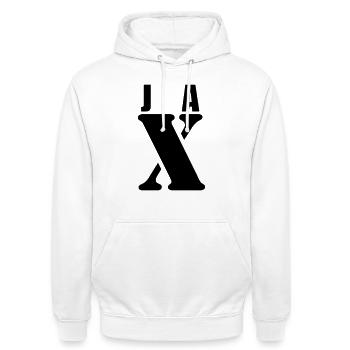 Jax – First Name Design | Minimal Typography - Unisex Hoodie - Weiß - Vorne - AI Model Male 185 dark (185cm) & AI Model Female 172 dark (172cm)