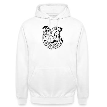 Old English Bulldog Kopf - Unisex Hoodie - Weiß - Vorne - AI Model Male 185 dark (185cm) & AI Model Female 172 dark (172cm)