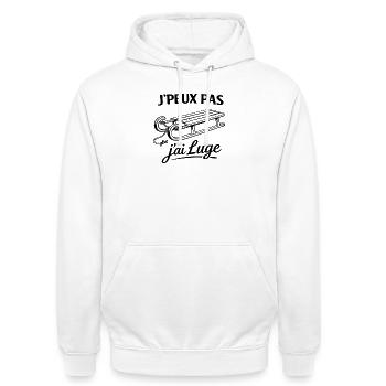 Je peux pas j’ai luge – Humour sport d’hiver neige - Sweat-shirt à capuche unisexe - blanc - Devant - AI Model Male 185 dark (185cm) & AI Model Female 172 dark (172cm)