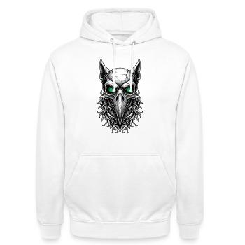 Schamanischer Rabenschädel Grünaugen-Totem - Unisex Hoodie - Weiß - Vorne - AI Model Male 185 dark (185cm) & AI Model Female 172 dark (172cm)