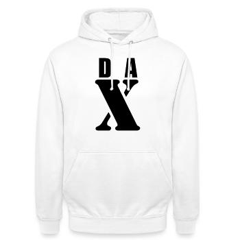 Dax – First Name Design | Minimal Typography - Unisex Hoodie - Weiß - Vorne - AI Model Male 185 dark (185cm) & AI Model Female 172 dark (172cm)