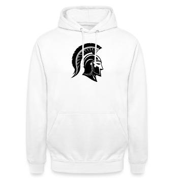Spartanischer Helm - Unisex Hoodie - Weiß - Vorne - AI Model Male 185 dark (185cm) & AI Model Female 172 dark (172cm)