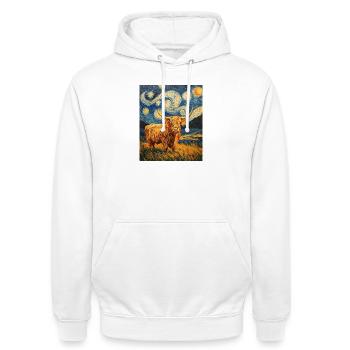 Highland Cow - Unisex Hoodie - white - Front - AI Model Male 185 dark (185cm) & AI Model Female 172 dark (172cm)