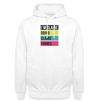 Je suis Claire qui fait des choses Claire Couleurs rétro - Sweat-shirt à capuche unisexe - blanc - Devant - AI Model Male 185 dark (185cm) & AI Model Female 172 dark (172cm)