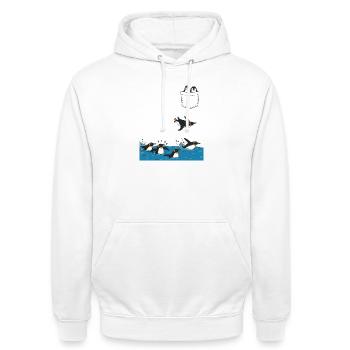 Penguin Jump Into The Water Pocket Design - Unisex Hoodie - white - Front - AI Model Male 185 dark (185cm) & AI Model Female 172 dark (172cm)