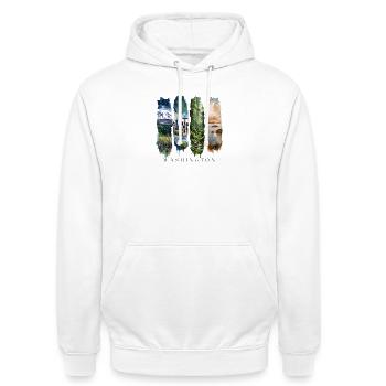 Washington Travel – Evergreen & Skyline Vibes - Unisex Hoodie - white - Front - AI Model Male 185 dark (185cm) & AI Model Female 172 dark (172cm)