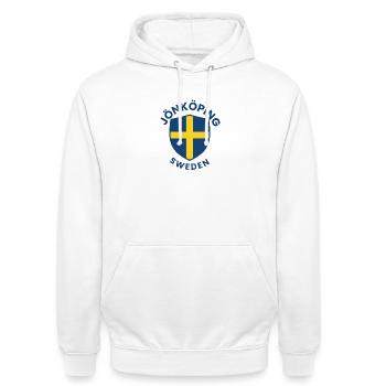 Jönköpinger Schild Schwedisches Kreuz - Unisex Hoodie - Weiß - Vorne - AI Model Male 185 dark (185cm) & AI Model Female 172 dark (172cm)