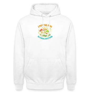Pur plaisir aux champignons | Humour mycologique - Sweat-shirt à capuche unisexe - blanc - Devant - AI Model Male 185 dark (185cm) & AI Model Female 172 dark (172cm)