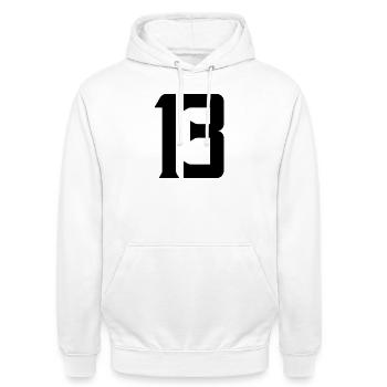 13 - Unisex Hoodie - Weiß - Vorne - AI Model Male 185 dark (185cm) & AI Model Female 172 dark (172cm)