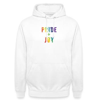 Pride Joy Rainbow LGBTQ Typography Design - Unisex Hoodie - white - Front - AI Model Male 185 dark (185cm) & AI Model Female 172 dark (172cm)