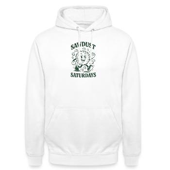 Sägestaub samstags | Holzarbeit DIY - Unisex Hoodie - Weiß - Vorne - AI Model Male 185 dark (185cm) & AI Model Female 172 dark (172cm)