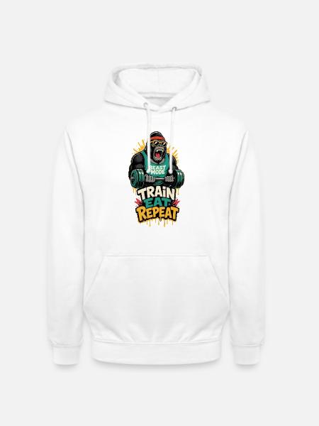 Fitness-Gorilla – Train Eat Repeat - Unisex Hoodie - Weiß