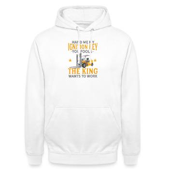 Passe-moi ma clé de contact Opérateur de chariot élévateur King Art - Sweat-shirt à capuche unisexe - blanc - Devant - AI Model Male 185 dark (185cm) & AI Model Female 172 dark (172cm)