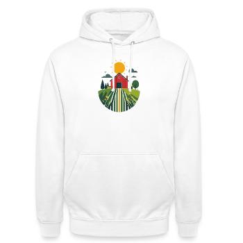 Bauernhof mit roter Scheune Landwirtschaft Motiv - Unisex Hoodie - Weiß - Vorne - AI Model Male 185 dark (185cm) & AI Model Female 172 dark (172cm)