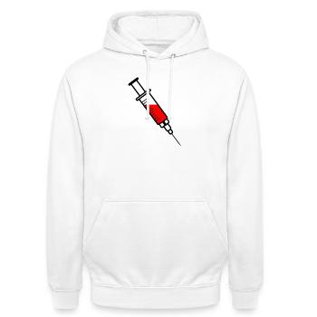 Impfspritze mit rotem flüssigem Medikament - Unisex Hoodie - Weiß - Vorne - AI Model Male 185 dark (185cm) & AI Model Female 172 dark (172cm)